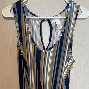 Striped Navy, White & Mustard Sleeveless V-Neck Top - XL